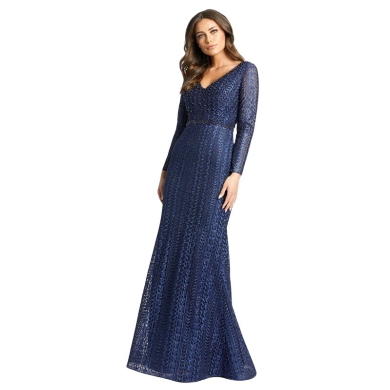 Mac Duggal Dress Size 2 Evening Gown Sequin New Navy Blue Embroidered Long Slv